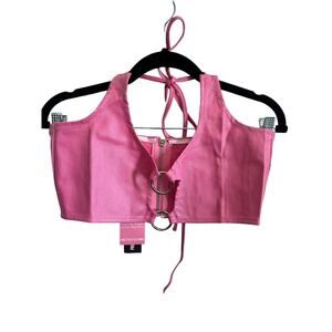 PRETTYLITTLETHING Pink Ring Coated Denim Tie Neck Bralette  UK 4 US 0